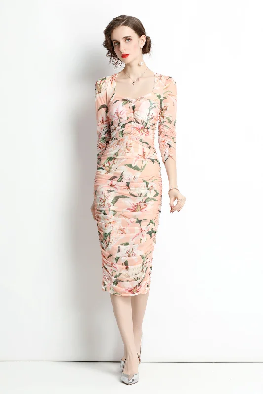 chic wrap dressApricot & Floral print ?ocktail & Party Fitted Sweetheart Neck Elbow Sleeve Midi Floral Dress