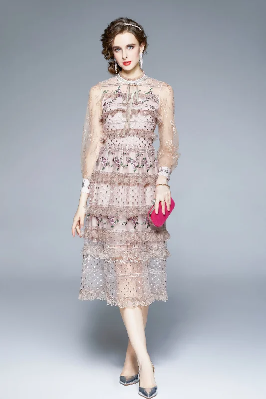 puff sleeve dressLight pink Evening Lace Ruffled A-line Crewneck Bracelet Midi Dress