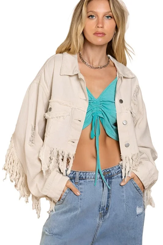 sleek jacketFringe Distressed Crop Denim Jacket