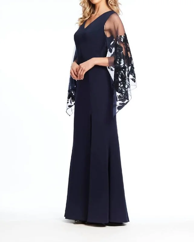 one-shoulder dressCape Sequin Gown In Navy