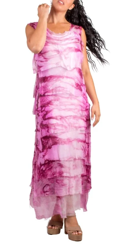 oversized dressWashed Tie Dye Print Silk Ruffle Dress In Magenta