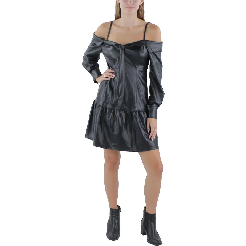 ruffle dressKarl Lagerfeld Paris Womens Faux Leather Mini Fit & Flare Dress