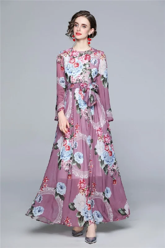 summer floral dressViolet ?ocktail & Party A-line Crewneck Bracelet Ankle Printed Dress with Belt