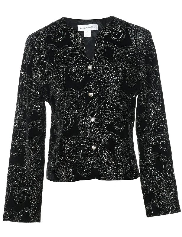 relaxed winter jacketBlack & Silver Velvet Sparkly Paisley Evening Jacket - M