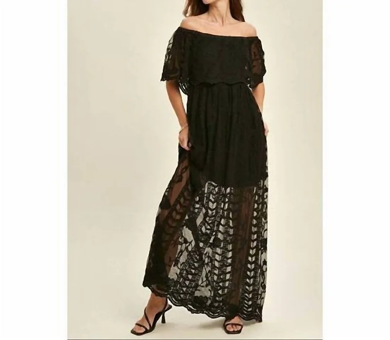 satin midi dressLace Overlay Lined Maxi Dress In Black