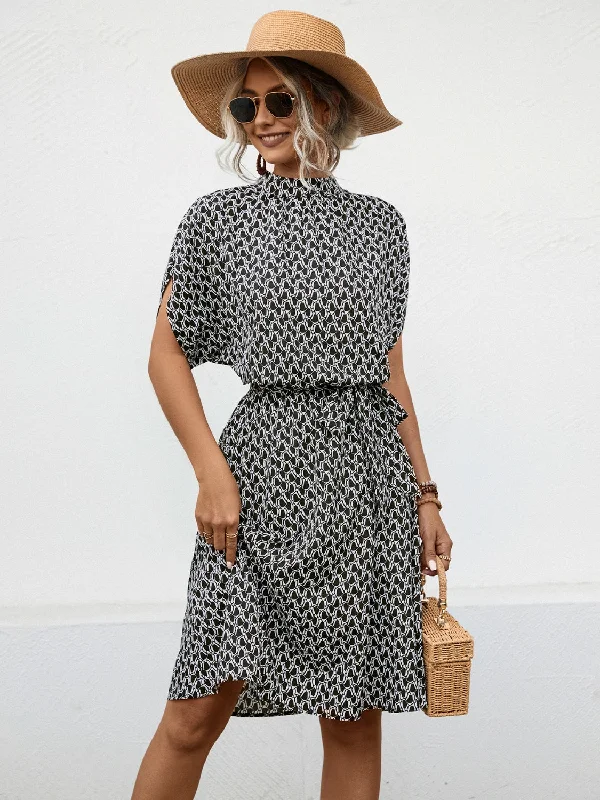 layered dressTied Printed Mock Neck Short Sleeve Dress