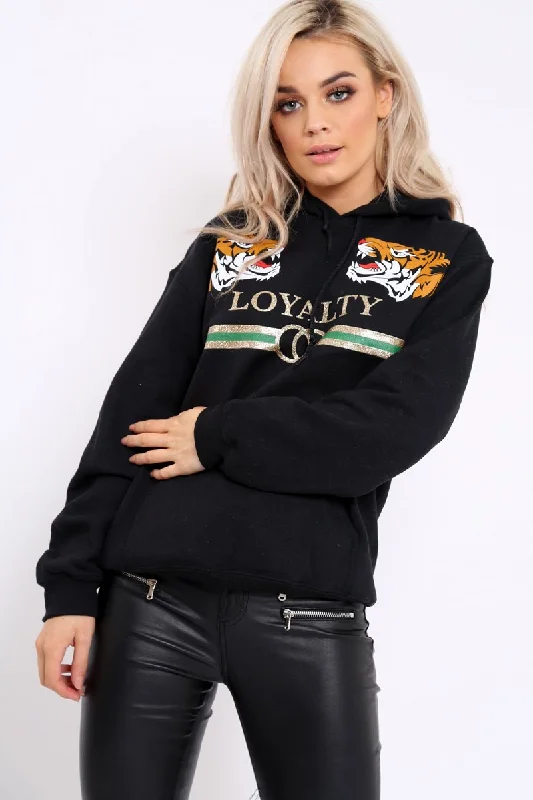 relaxed pullover sweaterBlack Loyalty Tiger Slogan Sweatshirt - Tiffanie