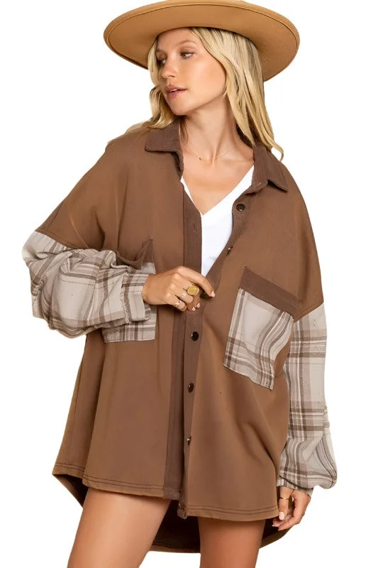 functional coatLong Sleeve with Plaid Detail Sleeve Shacket