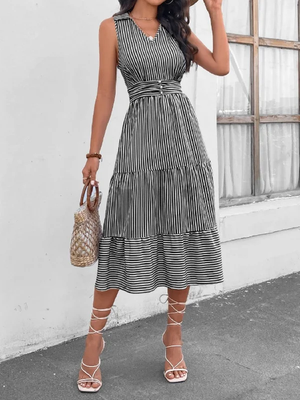 chic dressStriped Johnny Collar Sleeveless Midi Dress