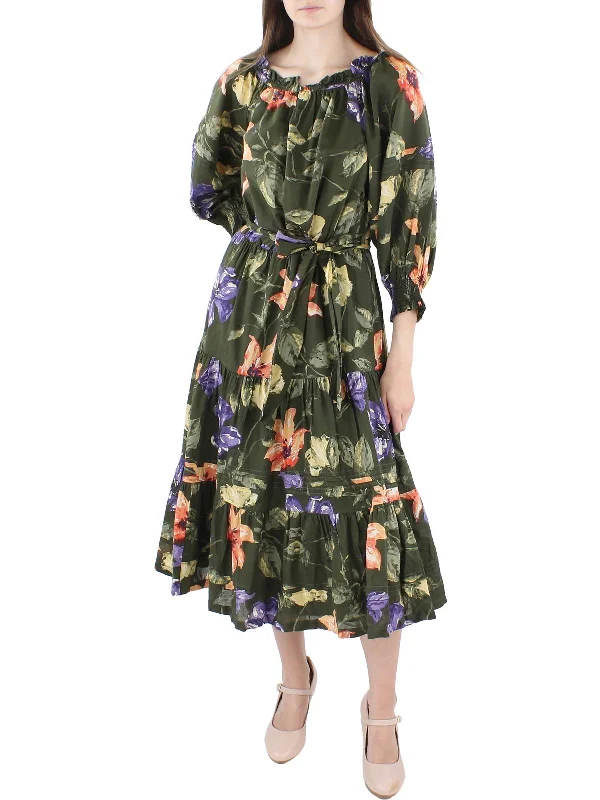 relaxed fit dressWomens Floral Print Off-The-Shoulder Midi Dress