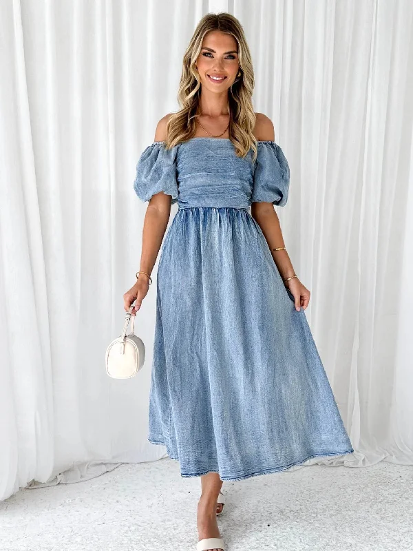 puff sleeve dressOff-Shoulder Balloon Sleeve Denim Dress