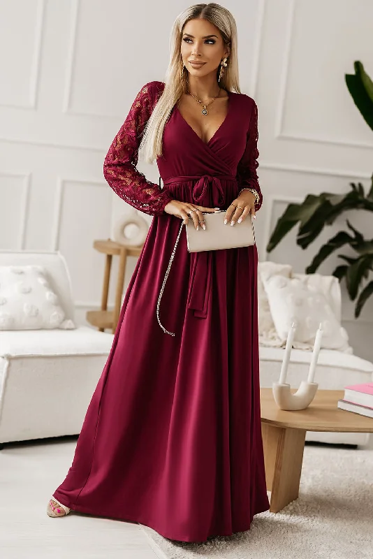 silk dressLace Detail Surplice Tie-Waist Maxi Dress