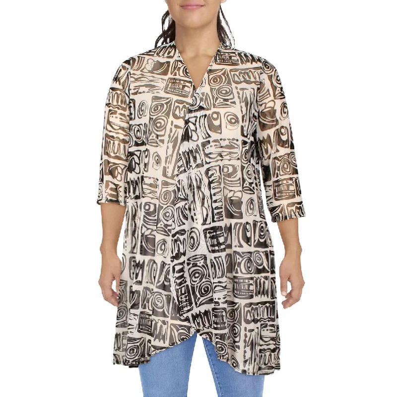 trendy puffer coatWomens Mesh Printed Duster Blazer