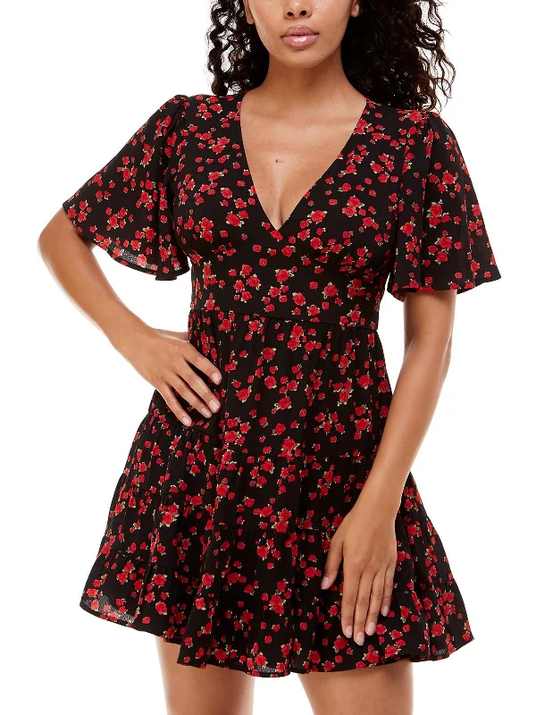 stylish party dressJuniors Womens Floral Mini Fit & Flare Dress